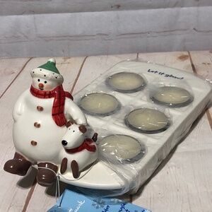Hallmark Snowman & Puppy Candle Holder Tea Light "Let It Glow!"